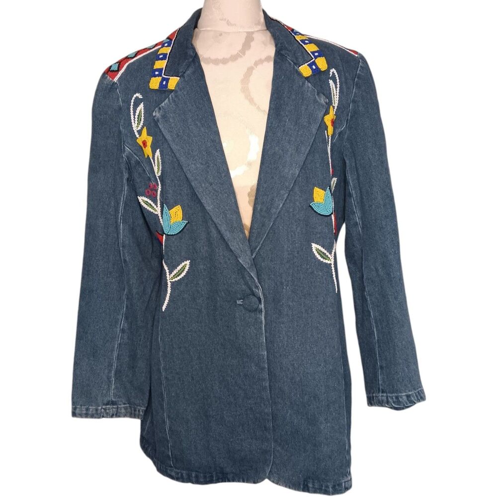 VTG Beaded Denim Jacket Southwest Floral Red Yellow Turquoise Size Large Ivana